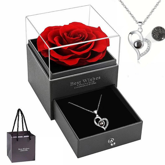 Collier en forme de cœur avec rose rouge et coffret cadeau – Cadeau de Saint-Valentin, anniversaire, fête des mères pour femme, maman, épouse